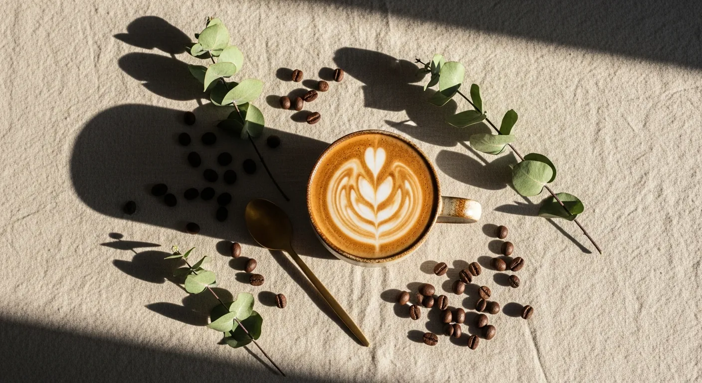 Rzemieślnicza kawa Aura Beans - widok z góry na filiżankę latte art z ziarnami kawy